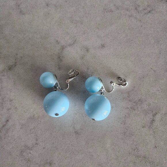 CROWN TRIFARI BABY BLUE DOUBLE BALL DROP CLIP-ON EARRINGS - Picture 5 of 11